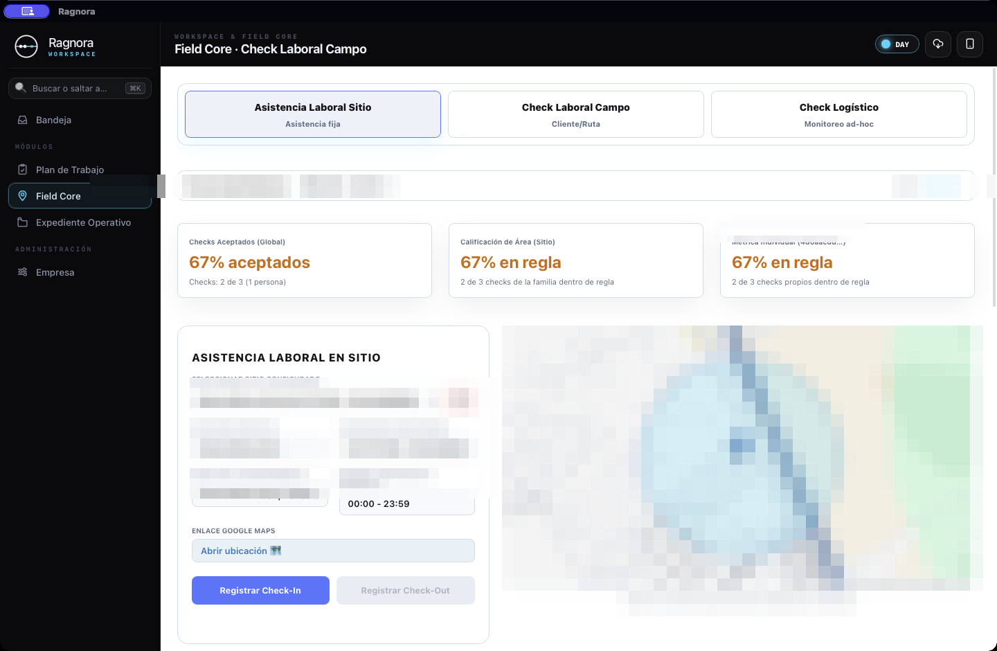 Field Core con geocerca, check-in y métricas de asistencia