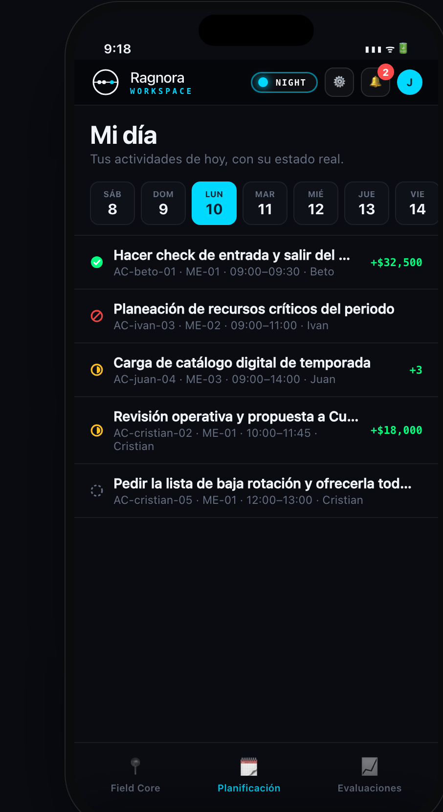 Vista móvil de Ragnora con el plan del día del colaborador