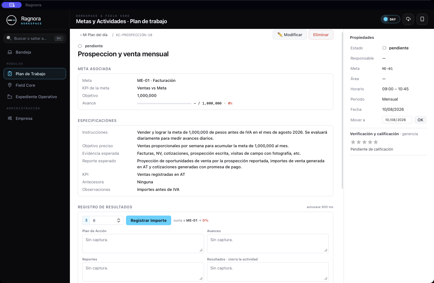 Detalle de una actividad con su meta asociada, KPI y especificaciones