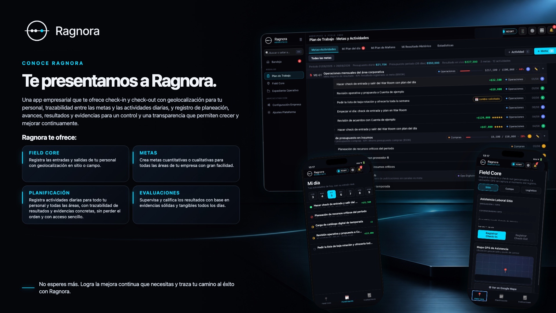 Te presentamos a Ragnora: app empresarial con check-in y check-out geolocalizado, trazabilidad entre metas y actividades diarias, y registro de avances, resultados y evidencias. Módulos Field Core, Metas, Planificación y Evaluaciones, con capturas reales de la app de escritorio y móvil.